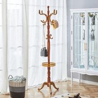 Portant à Vêtements Massif Européen Style Classique 195 cm – Bois Massif Look Merisier, Multi-Hooks, Stable avec Pieds Antidérapants