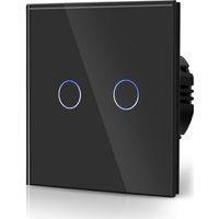 Interrupteur Tactile Normal Commutateur d'éclairage Mural Compatible avec la lumière LED Écran Tactile en Verre 110V-240V Plaque de Cristal Trempé avec Rétroéclairage Bouton 2 Gang 2 Voie Noir