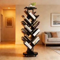 Bibliotheque en forme - Bibliothèque rotative 16 niveaux en forme d'arbre avec roues, rangement gain de place autonome- NOIR