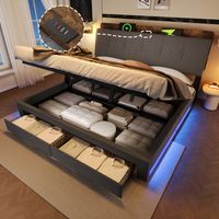 Seyakany Lit rembourré avec éclairage LED et USB Type-C,Lit double coffre avec 2 tiroirs et suspension hydraulique,lin,sans matelas(Gris,180x200cm)