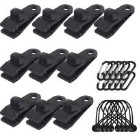 SHINING HOUSE 10er-Pack Planenklammern, Planenhalter für den Außenbereich mit Leinenband und Bungee-Seil + D-förmiger Karabiner für Planen, Markisen, Camping, Wohnwagen, Autoabdeckungen