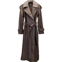 Trench pour femme en peau de mouton noir et rouge avec col à revers à double boutonnage, coupe ajustée, veste longue