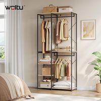 WOLTU Perchero Burro Ropa Perchero Burro con Estante Multiusos Fuerte Metal y Madera 90 x 40 x 204.5 cm(L x P x H) Color Negro+Roble Claro