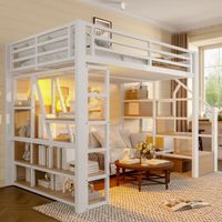 REDOM Cama alta 140x200 cm con LED almacenaje y escalones integrados en metal y MDF blanco (Sin colchón)