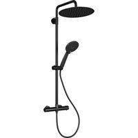 Columna de ducha termostática redonda – Salida superior/inferior – Ducha de lluvia de 250 mm en acero inoxidable – Ducha de mano – Negro mate