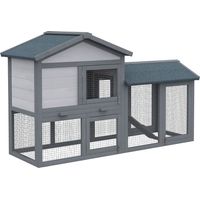 PawHut Holzkäfig für Kaninchen, 147 x 54 x 84 cm, mit wasserdichtem Bitumendach, Auslaufgehege, Rampe und abschließbaren Türen für Zwergkaninchen, für den Außenbereich, Dunkelgrau
