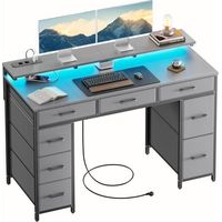 EcoFurnix, Scrivania con 8 Cassetti in Tessuto, 120 × 50 cm Scrivania Gaming LED con Prese & Porte USB, Scrivania Gamer, Grigio