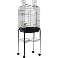 PawHut Jaula para Pájaros con Soporte Jaula de Aves Canarios con 4 Ruedas Techo Abrible 2 Comederos 3 Perchas Bandeja Extraíble y Estante Inferior 46x36x130 cm Negro