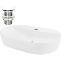 ML-Design Lavabo de Cerámica Ovalado 60x40x12 cm Blanco Fregadero de Pared o Sobre Encimera Pila de Diseño Moderno Minimalista Lavamanos para Baño o Aseo con Agujero para Grifo y Juego de Desagüe