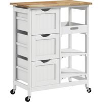 Rolling Kitchen Island Cart, Bar Serving Cart, Compact Trolley on Wheels with Wood Top, Shelves & Drawers for Home Dining Area, White