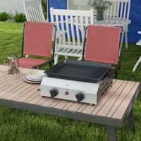 Plancha gaz inox émaillé – 2 brûleurs 4,8 kW, antiadhésive, transportable – Surface 40x34 cm, camping