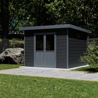 Abri de jardin bois composite 28mm – 9m² – Dimensions extérieures 333x326cm – Toit simple pente – Finition moderne gris