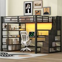 REDOM - Cama alta 254.8x148x170 cm, con escritorio integrado, espacios de almacenaje, LED, metal y MDF negro