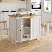 Mesa de bar en isla Achille y 2 taburetes de madera blanca con tablero de haya