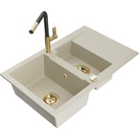 Mexen Gaspar granitspüle 1,5-becken mit abtropffläche und küchenarmatur Flora, beige - 6507-69-670401-57-G