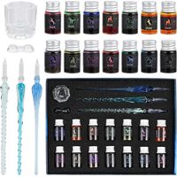 Lot de 19 Stylos à Encre en Verre - 3 Stylos en Cristal, 14 Encres Colorées et Support - Pour l'Art, l'Écriture, les Signatures, les Affiches et la Décoration
