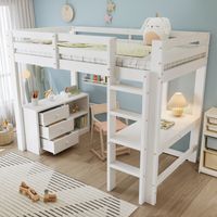 Letto a soppalco in legno 90x200cm, letto singolo per bambini con cassetti e scrivania integrata, rete a doghe, materasso non incluso, bianco
