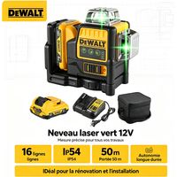 Dewalt – Niveau laser 360° vert auto-nivelant – Portée 30m – IP65 – Alimentation 12V Li-Ion avec batterie 2.0Ah et chargeur – Pour chantiers intérieurs