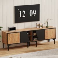 Meuble TV 160 x 36,5 x 45 cm - Avec 2 portes et 4 étagères - 7 pieds - Panneaux de particuless - Naturel + noir