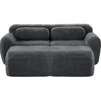 Sofá Modular 2 Plazas en Tela Aterciopelada con 2 Taburetes, Base Antideslizante, Sin Montaje, Asiento Amplio, Gris