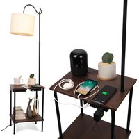 JCPYIUL Stehlampe Schwarz mit Tisch, Industrielle Stehlampe für Wohnzimmer mit Doppelregal, 2 USB‑Anschlüsse, 1 Steckdose & kabelloser Ladefunktion, Standlampe für Schreibtisch, Arbeitszimmer, Büro un
