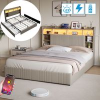 Lit adulte 160x200 cm avec rangement - Lit double en lin, tête de lit avec rangement et éclairage LED, 4 tiroirs, sommier à lattes, pour chambre moderne - Beige