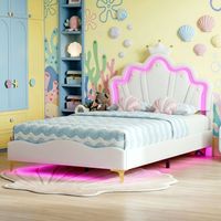 Letto Basso per Bambini 140x190cm - Testiera a Corona Imbottita Antiurto in PU - Illuminazione LED Intelligente App/Telecomando - Bianco