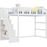 Hochbett 90 x 200 cm, Einzelbett mit Treppe, Regalen und Sicherheitsgeländer, ohne Matratze, Weiß