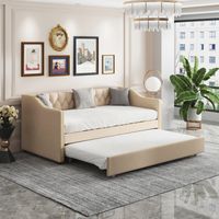 JOOKGBD-Canapé Lit Gigogne 90/180x200 cm, Lit Simple Rembourré 2 en 1 avec Lit Gigogne et Accoudoirs Épais, Sommier à Lattes, pour Adolescent Adulte Petit Appartement, Lin, Beige