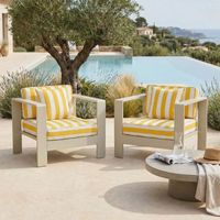 Lot de fauteuils de jardin en alu crème et housse à rayures jaunes