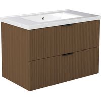 Aica Sanitaire – Ensemble meuble de salle de bain 80 cm – Noyer – 2 tiroirs avec vasque céramique – Installation murale – Finition anti-taches