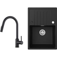 Fregadero de cocina Fregadero de granito negro antracita de 65x45 cm con escurridor + grifo de cocina extensible negro con 2 tipos de chorro alto 404 mm