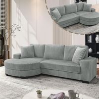 Neche – Canapé d'angle en L 4 places gris – Velours côtelé classique – Design modulaire avec pouf ovale – 2 coussins décoratifs inclus