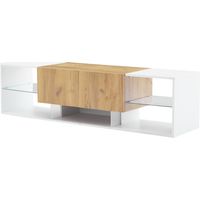 TV Lowboard mit 2 Schubladen, 5 Fächern und LED für Wohnzimmer aus Spanplatte, Weiß und Naturholz 160 × 40 × 42 cm