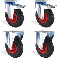 Lot de 4 roulettes pivotantes à frein – Gonflables 200mm – Charge 300kg – Pour chantiers humides et terrains accidentés – HTR