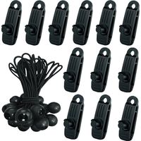 24 Pcs Clip de Tente Bâche avec 12x Pince pour bache et 12x Tendeur Corde Elastique, Pince a oeillet pour bache Camping Accessoires pour Tentes, bache Piscine, Bâches, Auvents, Gazebos Tente