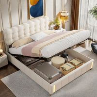 Lit coffre 140 x 200cm, Lit adulte, lit capitonné avec LED, tissu en velours, cadre de lit, avec levier hydraulique, beige