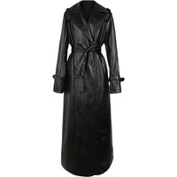 Trench-coat en cuir synthétique pour femme - Longueur au sol - Printemps - Automne - Coupe-vent - Double boutonnage - Ceinture - Luxe