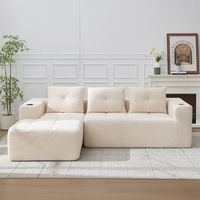 Divano angolare imbottito in poliestere beige 258 cm, 4-5 posti, seduta profonda con portabicchieri