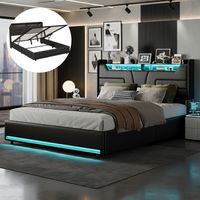 Polsterbett mit Bettkasten 140x190 cm mit anpassbarer LED-Beleuchtung, USB-Anschluss, Lattenrost, PU-Leder, Hydraulischer Stauraum, Doppelbett für Erwachsene – Schwarz