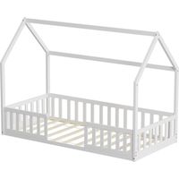 Lit cabane avec barrière 90x190 cm – Structure en pin naturel – Hauteur 140 cm – Sécurité renforcée pour enfants – Minea