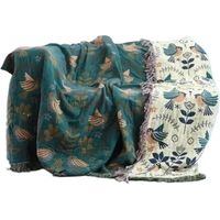 Couverture de canapé nordique avec pompons - Style ethnique bohème - Couverture et couvre-lit en coton - Quatre saisons - Bleu - 150 x 200 cm