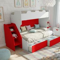 Letto a castello 3 posti con terzo letto estraibile e scaletta contenitore - Una piazza e mezza - Bianco e Rosso