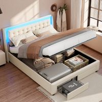 Cama 160 x 200 cm - Tejido de terciopelo - LED y 2 cajones - Somier - Estructura de cama para adultos 160 x 200 cm - Beige