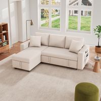 Canapé convertible, canapé 3 places, canapé d'angle avec rangement et poches latérales, 2 coussins, beige