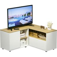 Meuble TV d'angle, banc télévision 40 pouces, rangement bois clair et blanc, meuble angle salon, étagère TV design, meuble multimedia angle, meuble télé angle bois blanc.