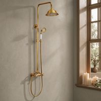 Auralum – Colonne de douche hydromassante laiton antique – Hauteur réglable 87,5-126,4 cm – Pomme de douche pluie 20x20 cm – Douchette à main flexible 150 cm