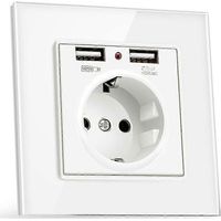 Prise de courant européenne 230 V 16 A + 2 chargeurs USB 5 V 2,1 A, panneau en verre, prise française blanche
