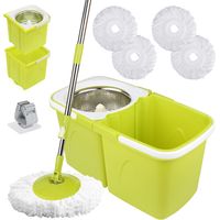 Serpillière avec Seau Essoreur et Balai Rotatif – Ensemble Balai Serpillère pour Lavage du Sol Seau Double Compartiment avec Essorage Automatique 4 Têtes de Rechange et 1 Support de Balai