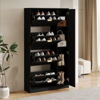 Un meuble à chaussures avec miroir, équipé de quatre compartiments de rangement basculants ainsi que d'une étagère réglable dissimulée derrière le miroir sur le côté droit : un choix idéal pour votre